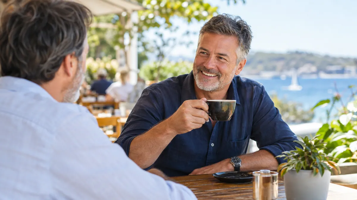 Man in his fifties enjoying coffee and a chat with a friend at a sunny Australian cafรฉ