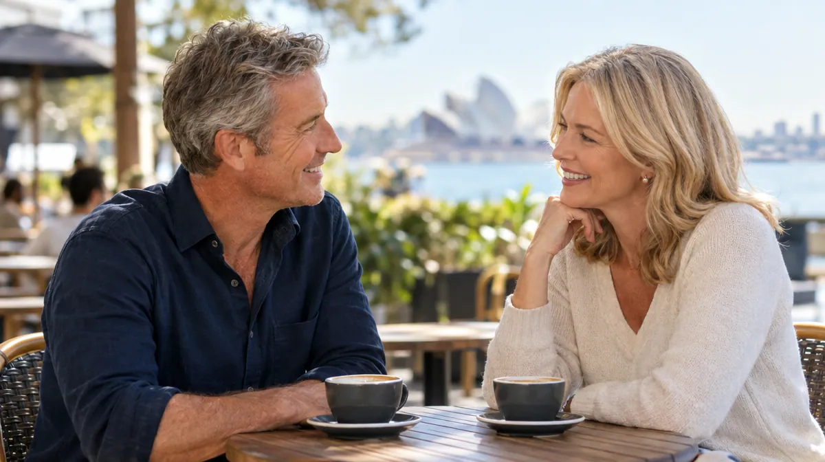 Two people in their fifties on a relaxed first coffee date at a public cafรฉ