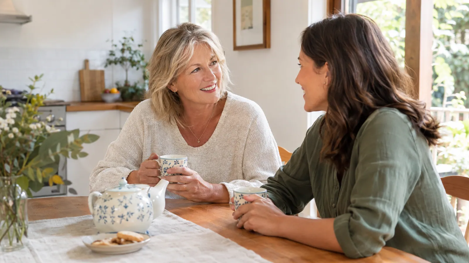 Mother and adult daughter talking over a cup of tea at a kitchen table