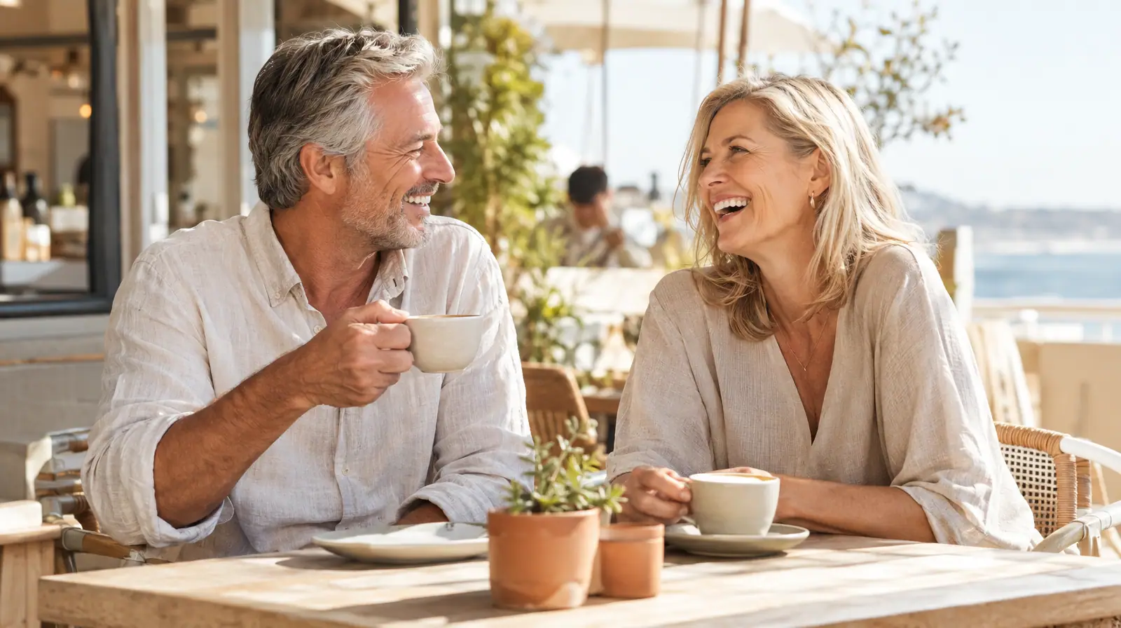 Couple in their fifties enjoying coffee together at a sunny Australian café