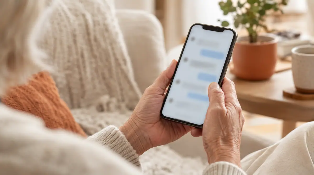 Hands holding a phone during an online dating chat at home